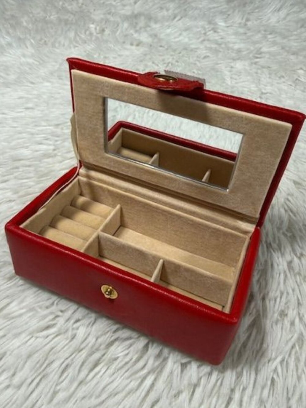 Vintage Red Leather 4 Compartment Mirrored Snap Front Travel Ring & Jewelry Box